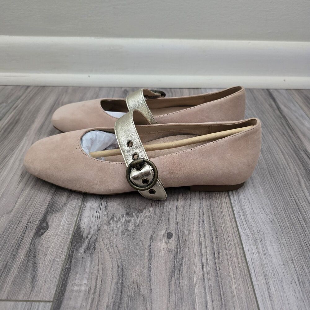 VIONIC Hattie Mary Jane Flat Rugby Tan Suede Size 7.5 Soft Pink and Gold Ballet